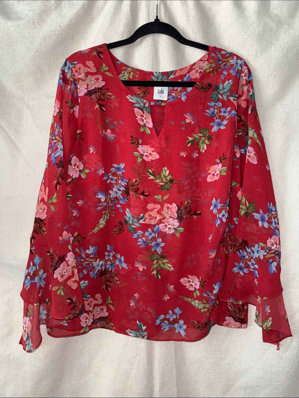 CAbi Red Floral Keyhole V-Neck Blouse